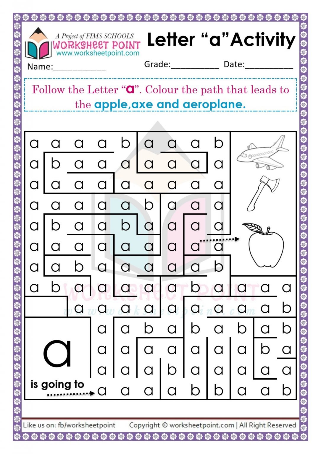 follow the letter a to find path - Worksheet Point