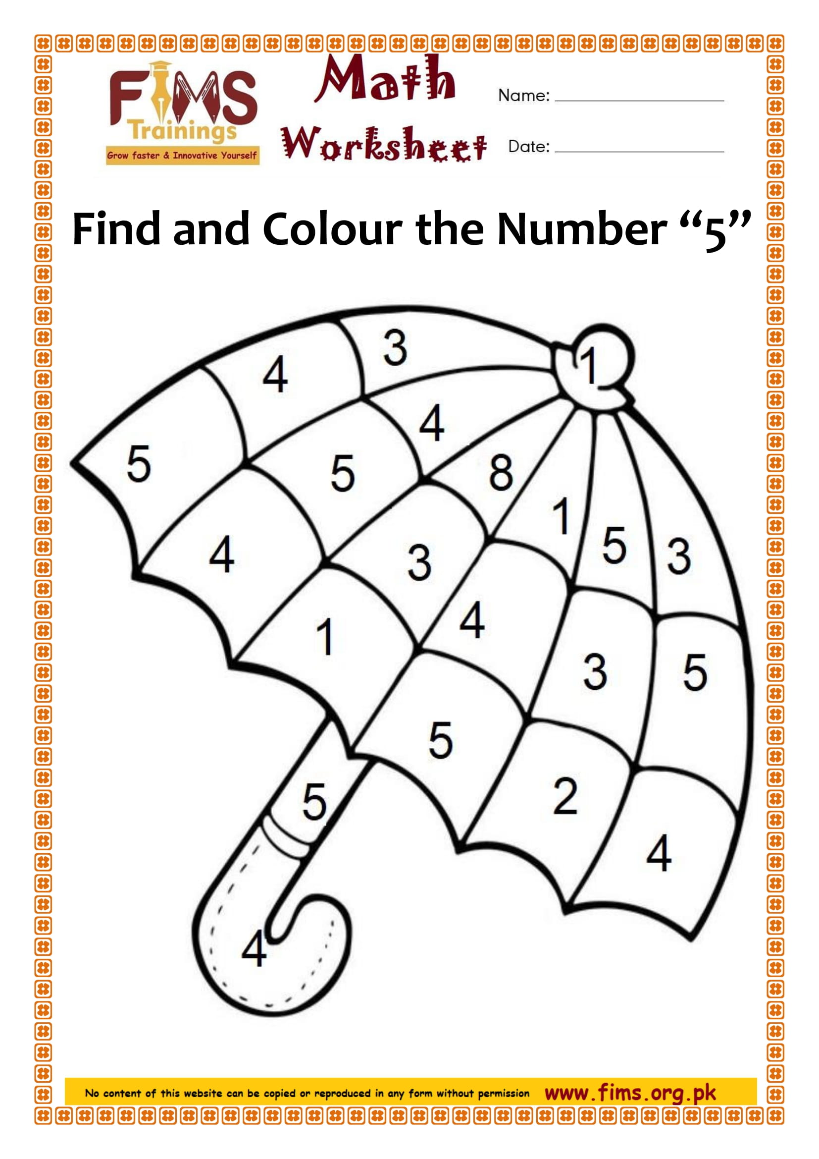 Find and Colour the Number “5” - Free Printable Worksheets- Download Pdf